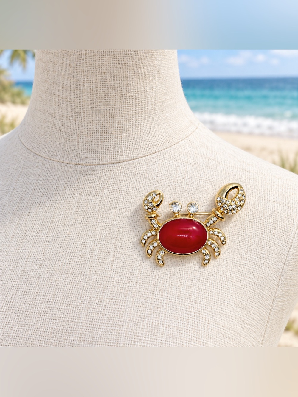 Chico's Brooch Gold-Tone Crab with Red Enamel and Crystal Accents. New.